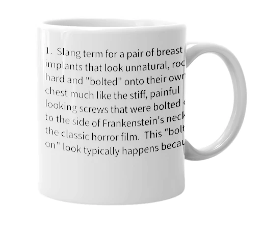 White mug with the definition of 'bolt-ons'