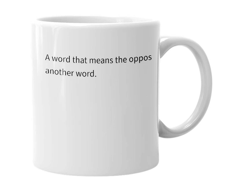 White mug with the definition of 'Antonym'
