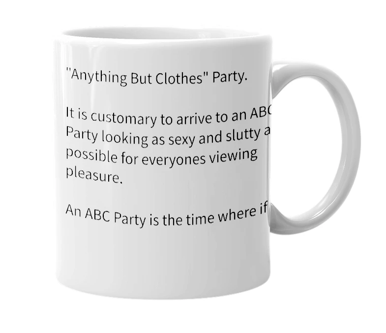 White mug with the definition of 'ABC Party'
