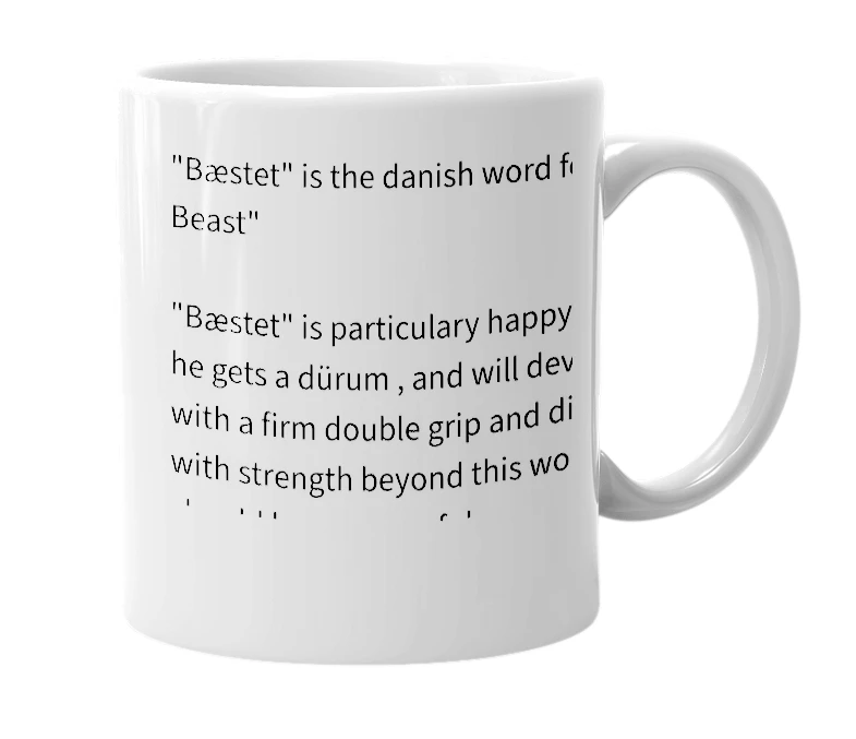 White mug with the definition of 'bæstet'