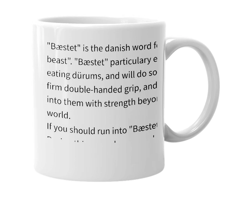 White mug with the definition of 'bæstet'