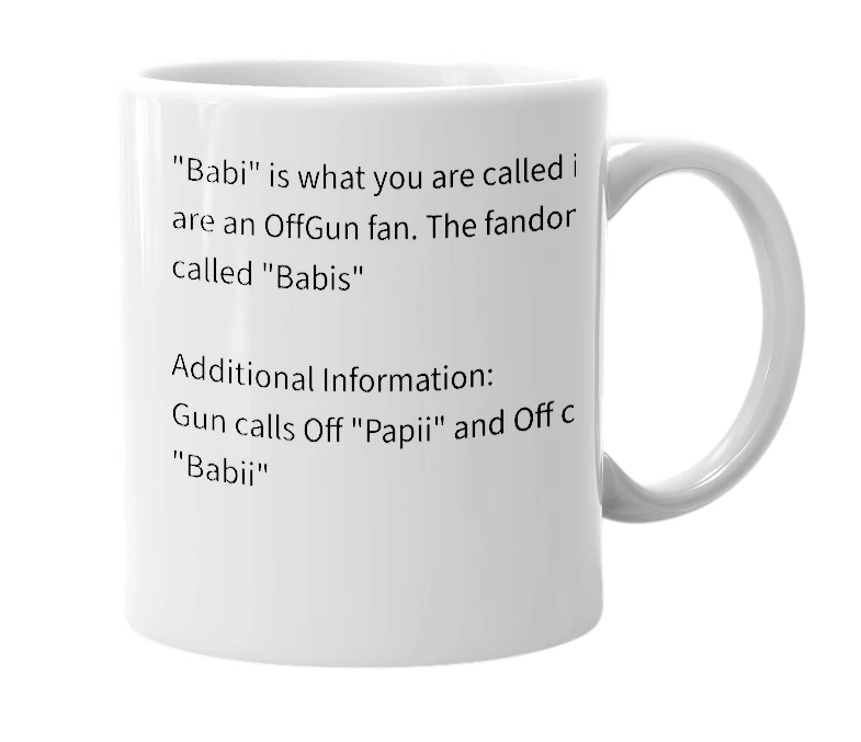 White mug with the definition of 'Babi'