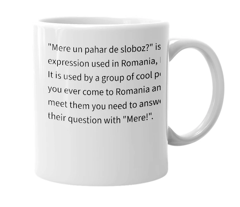 White mug with the definition of 'Mere un pahar de sloboz?'