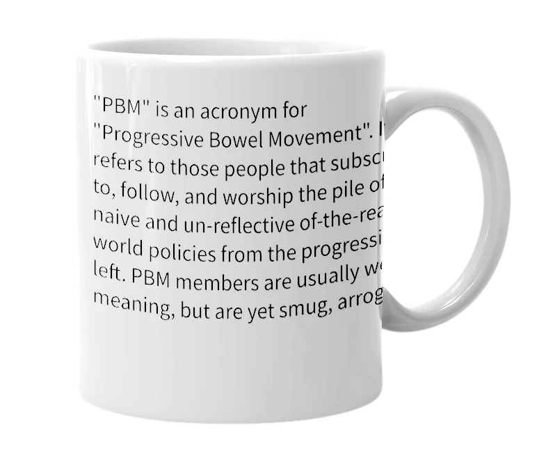 White mug with the definition of 'PBM'