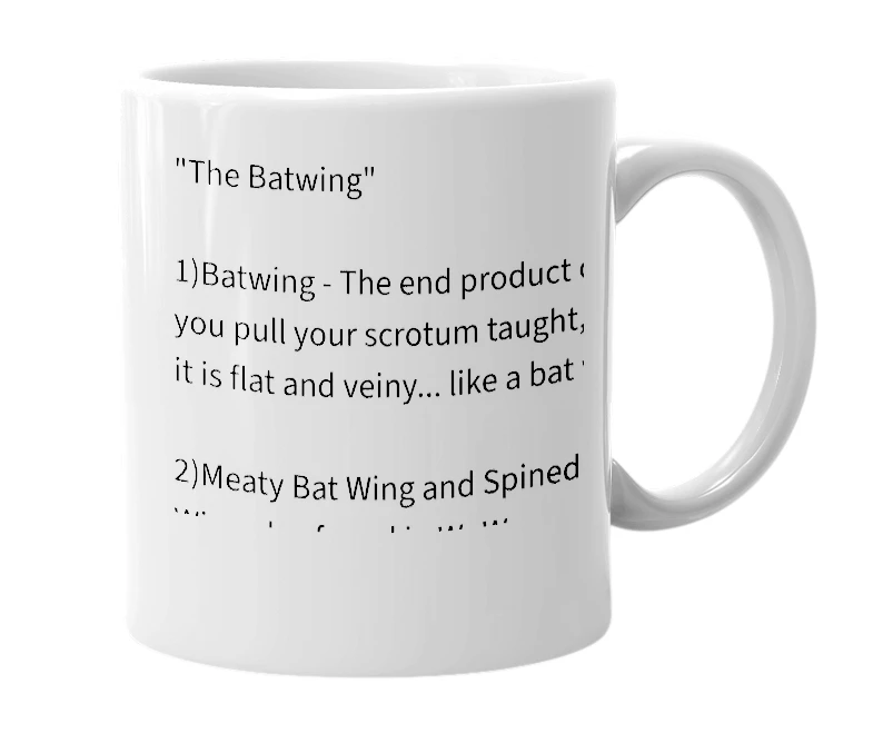 White mug with the definition of 'Batwing'