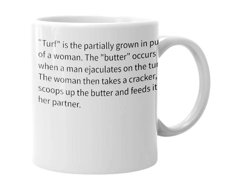 White mug with the definition of 'Turf Butter'