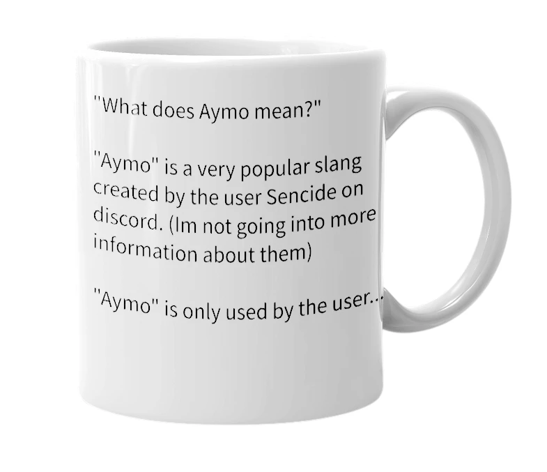 White mug with the definition of 'Aymo'