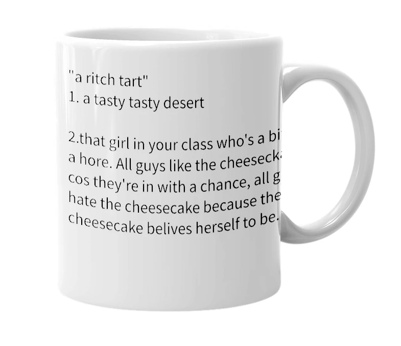 White mug with the definition of 'cheesecake'
