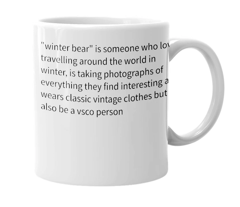 White mug with the definition of 'Winter bear'