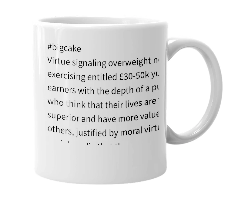 White mug with the definition of '#bigcake'