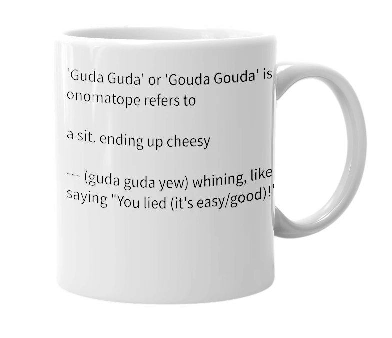 White mug with the definition of 'guda guda'