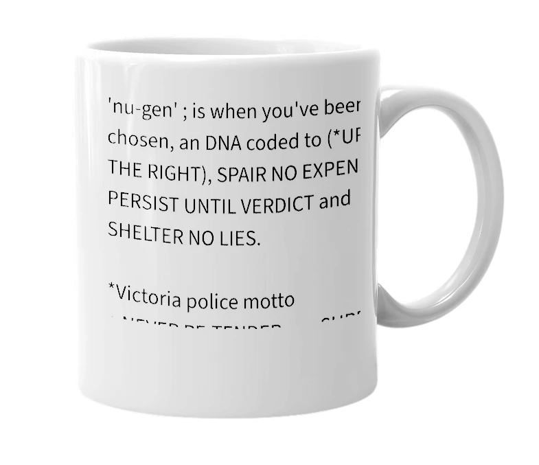 White mug with the definition of ''nu-gen''