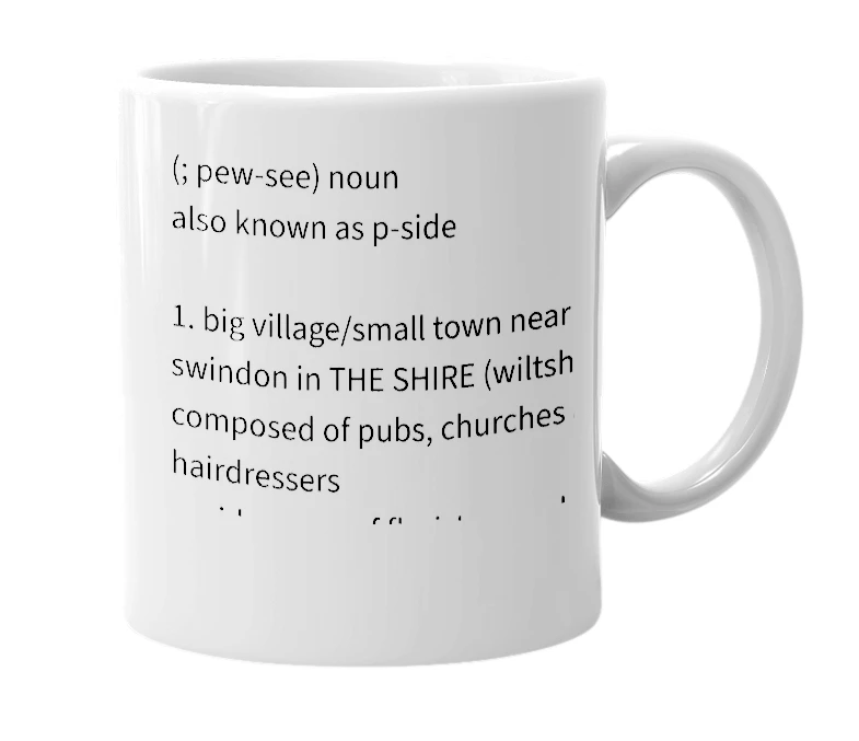 White mug with the definition of 'Pewsey'