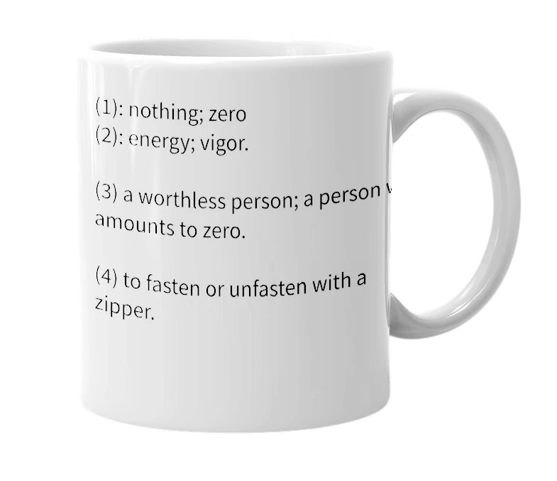 White mug with the definition of 'zip'