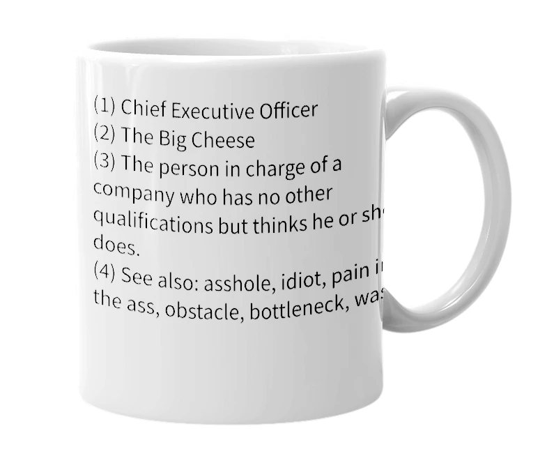 White mug with the definition of 'CEO'