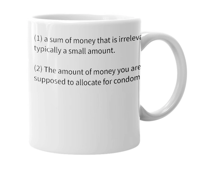 White mug with the definition of 'Condom Money'