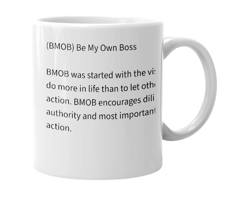 White mug with the definition of 'BMOB'