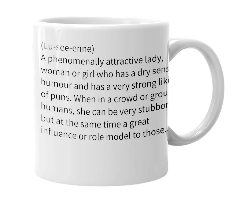 White mug with the definition of 'Lucienne'