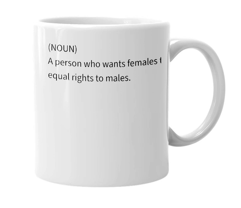 White mug with the definition of 'feminist'