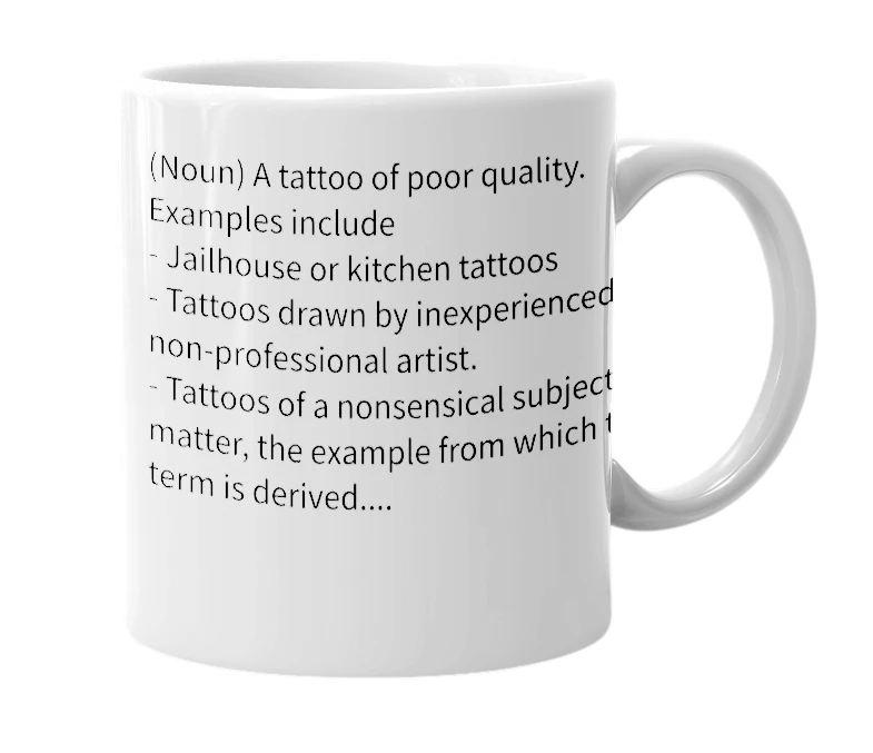 White mug with the definition of 'Mickey Mouse Tattoo'