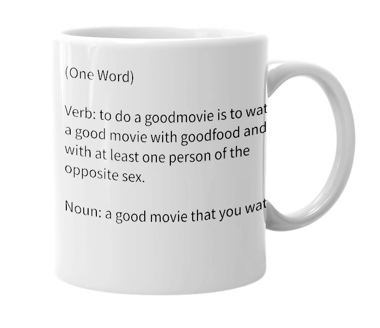 White mug with the definition of 'goodmovie'