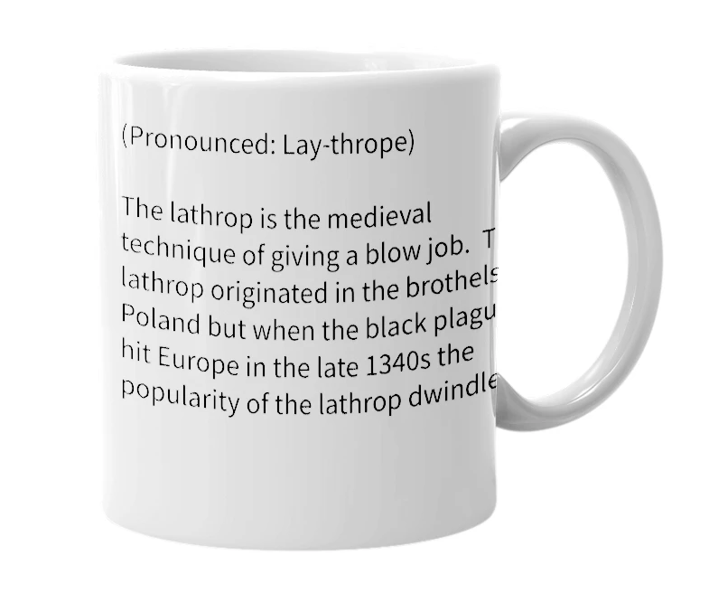 White mug with the definition of 'Lathrop'
