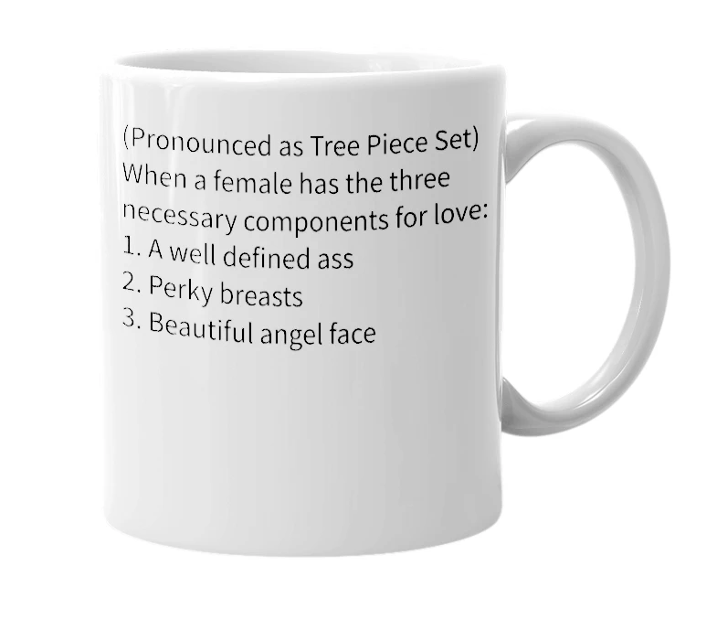 White mug with the definition of 'Three Piece Set'