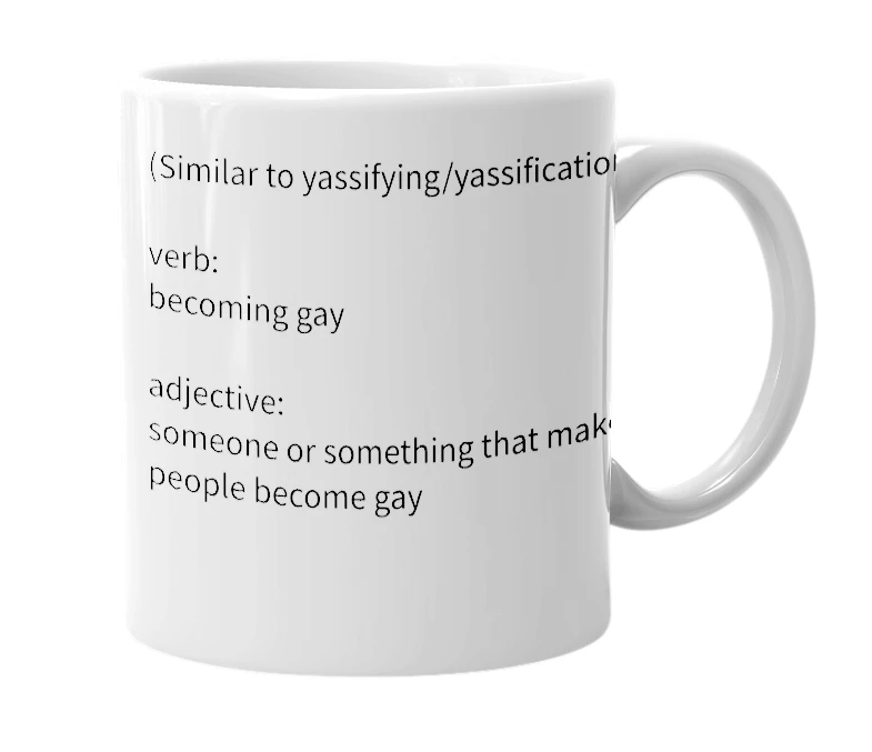 White mug with the definition of 'gayening'