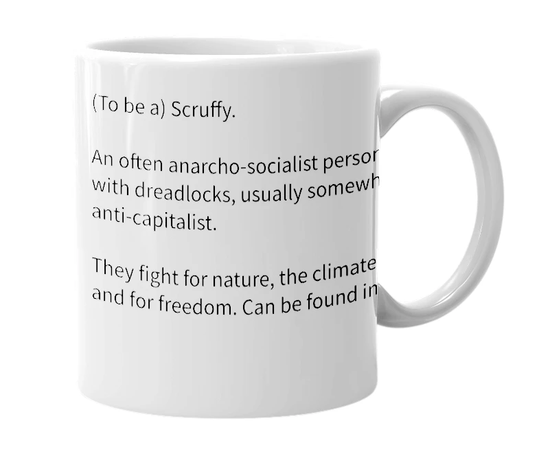 White mug with the definition of 'Scruffy'