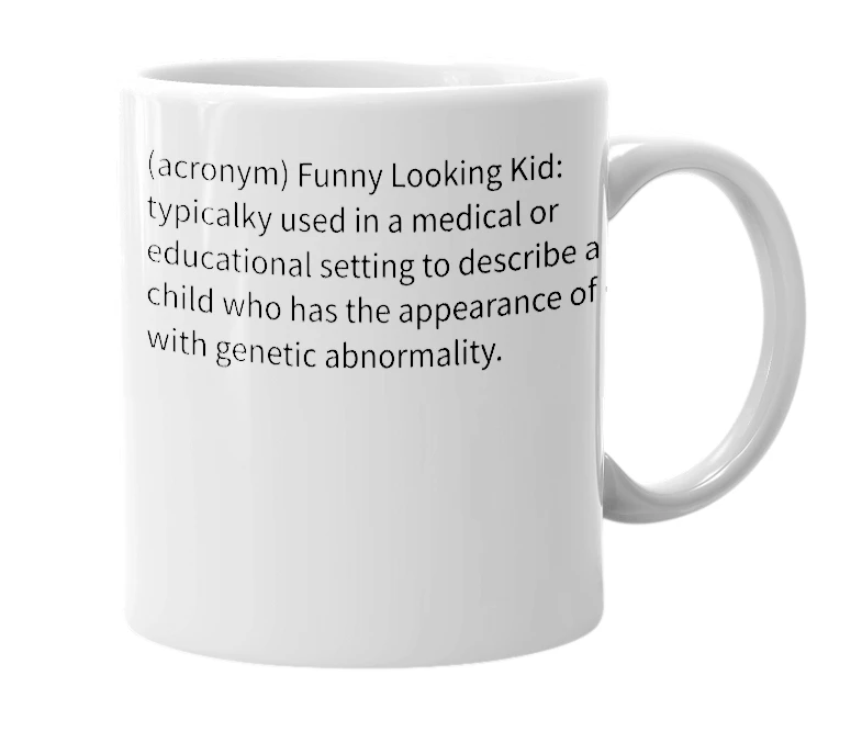White mug with the definition of 'FLK'