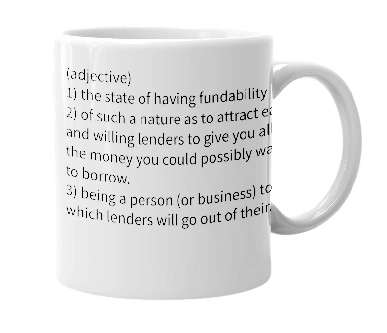 White mug with the definition of 'fundable'