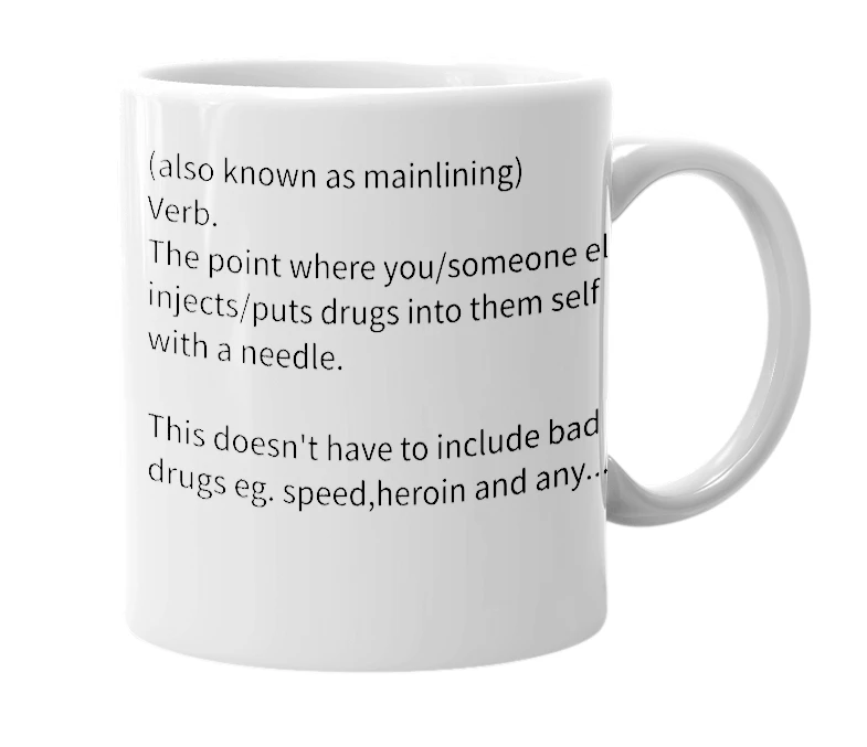 White mug with the definition of 'injecting'