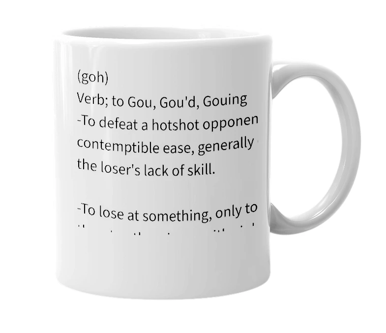 White mug with the definition of 'Gou'