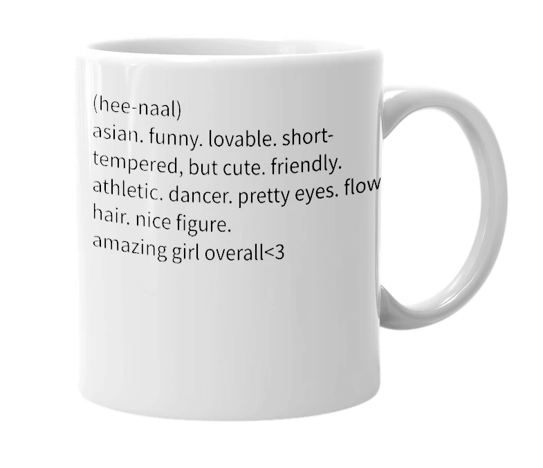 White mug with the definition of 'hinal'