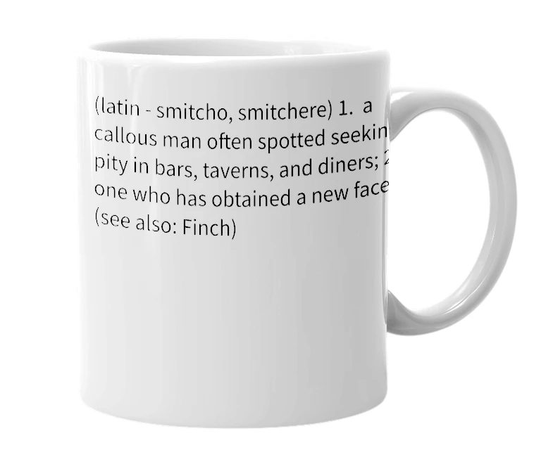 White mug with the definition of 'smitch'