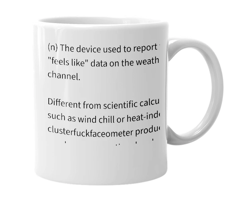 White mug with the definition of 'clusterfuckfaceometer'