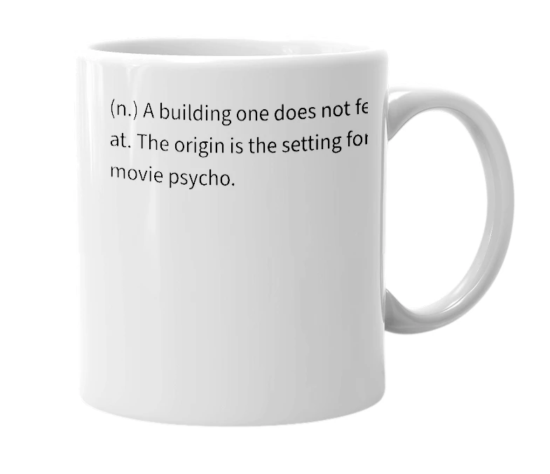 White mug with the definition of 'bates motel'
