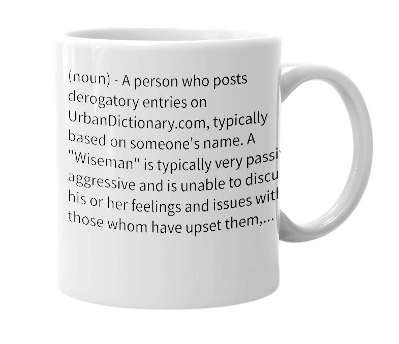 White mug with the definition of 'Wiseman'