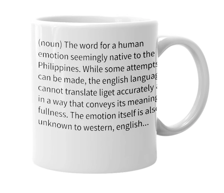 White mug with the definition of 'Liget'