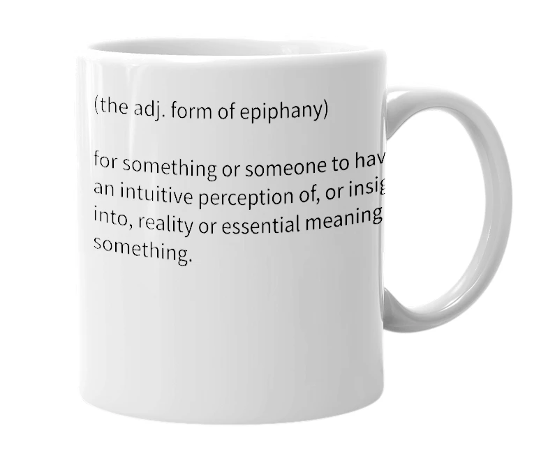 White mug with the definition of 'epiphetical'