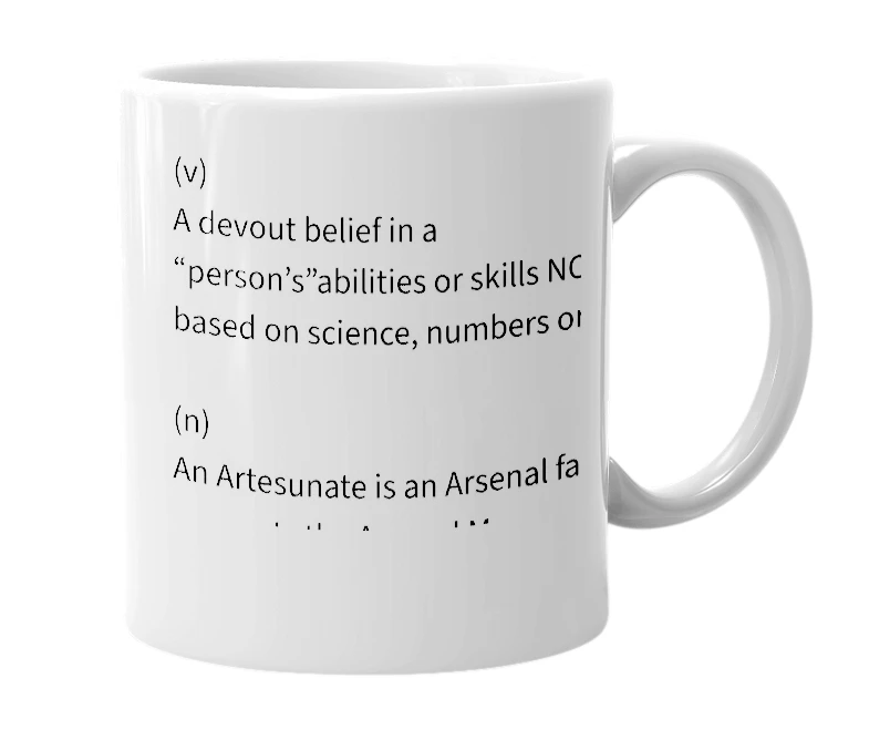 White mug with the definition of 'Artesunate'
