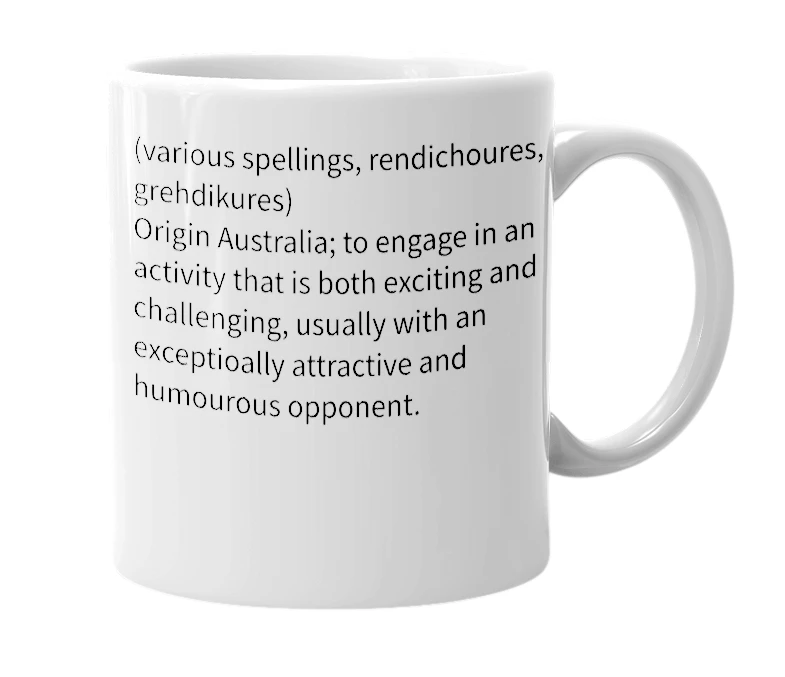 White mug with the definition of 'Rhendicorous'