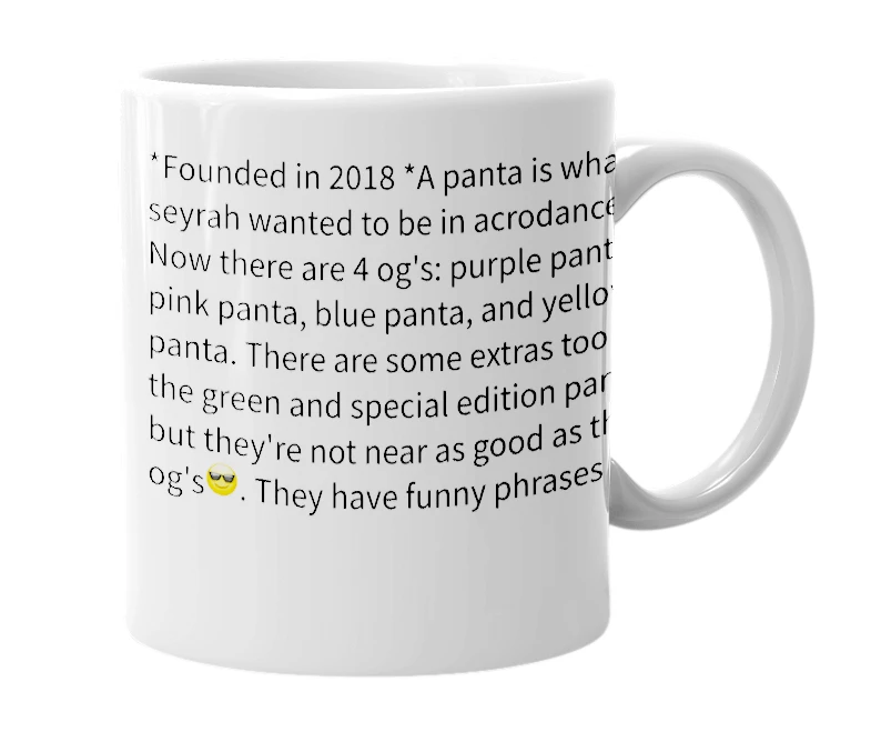 White mug with the definition of 'Panta'