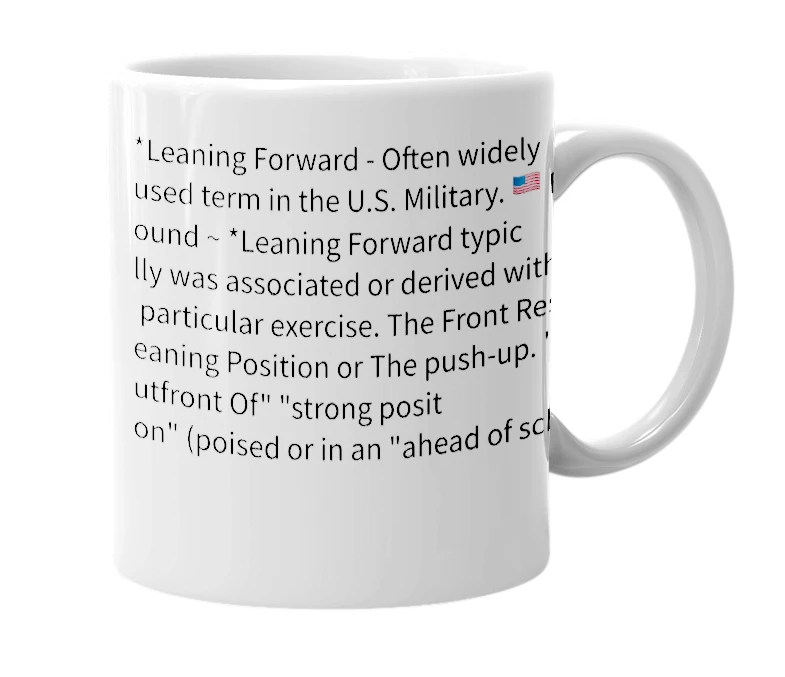 White mug with the definition of 'Leaning Forward'