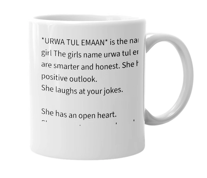 White mug with the definition of 'urwa tul emaan'