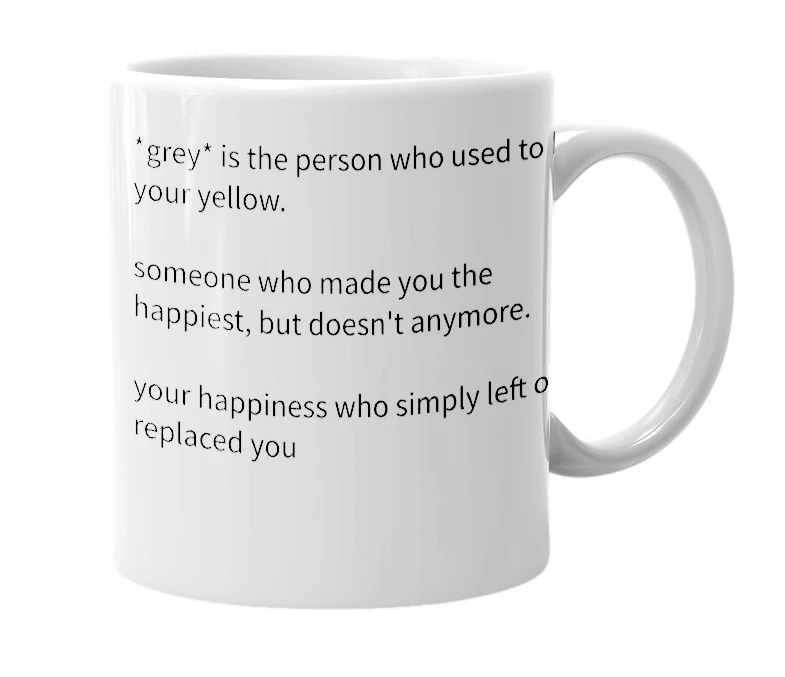 White mug with the definition of 'grey'
