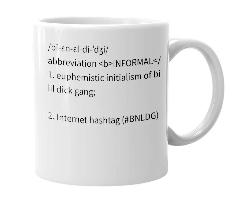 White mug with the definition of 'bnldg'