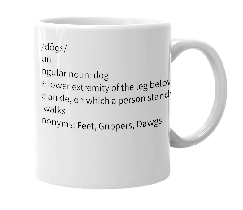 White mug with the definition of 'The Dogs'