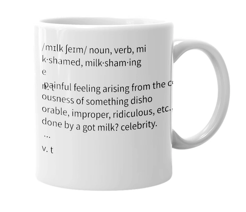 White mug with the definition of 'milkshame'