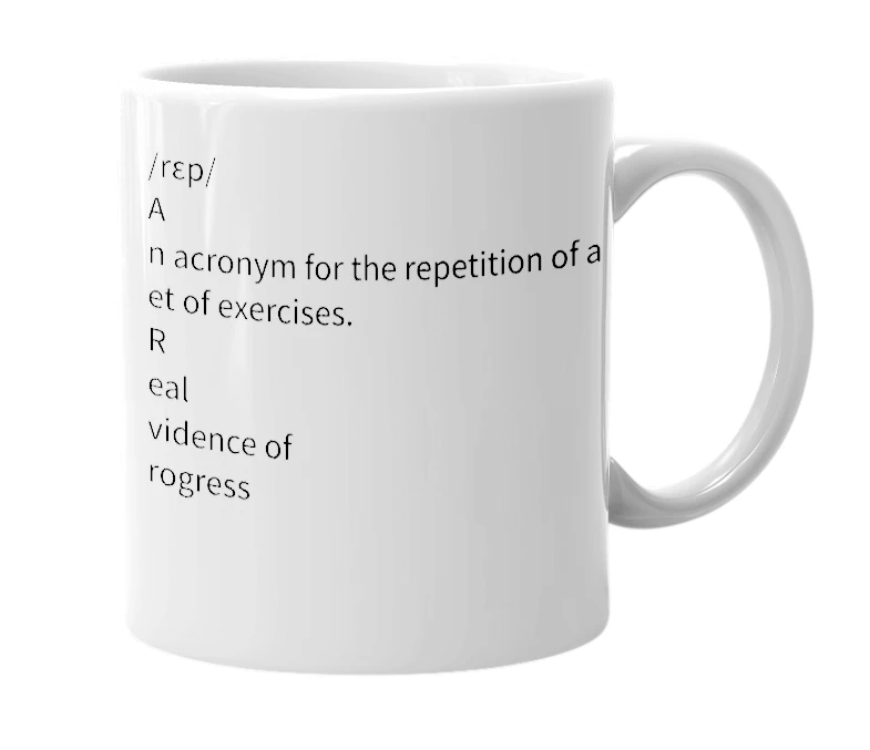 White mug with the definition of 'REP'